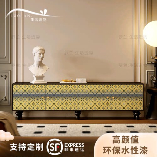 法式奶油艺术格子电视柜实木房间靠墙储物柜客厅角落收纳一体书柜