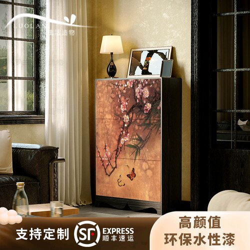 中古奶油风实木翻斗极窄入户鞋柜