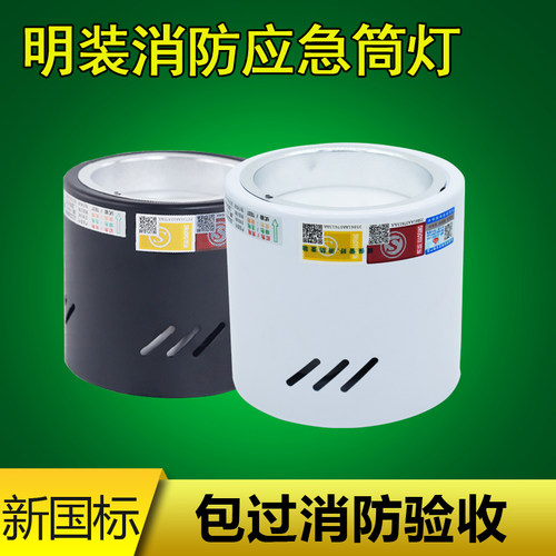 新国标LED明装消防应急筒灯射灯天花吸顶黑色白色外壳4寸8W黑色