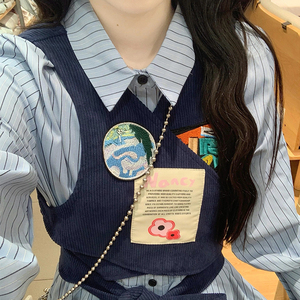 蓝色假两件条纹连衣裙新款法式温柔风收腰显瘦长袖衬衫裙