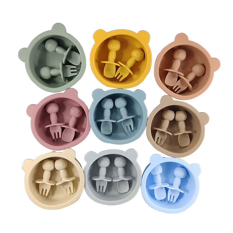 小熊硅胶碗宝宝辅食叉勺可爱卡通吸盘碗勺叉儿童餐具训练吃饭套装,婴童用品,儿童餐具,淘宝优惠券,粉丝福利购,淘宝优惠卷