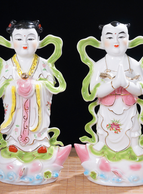 金童玉女观音送财童子陶瓷佛像
