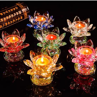 水晶莲花烛台彩色透明家居摆件灯佛前供佛长明灯座禅意佛堂摆件