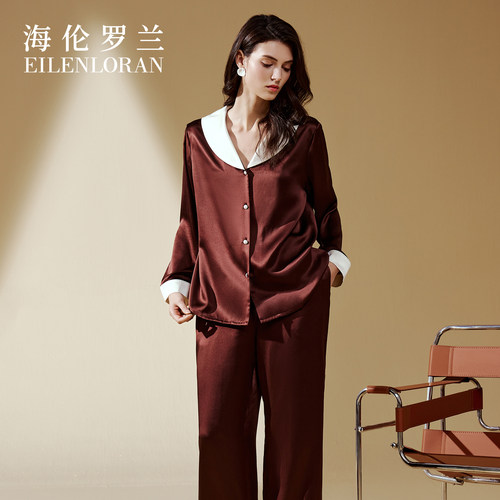 海伦罗兰女士100%桑蚕丝复古风睡衣两件套宽松家居服850111426