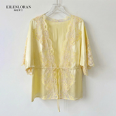 海伦罗兰100%桑蚕丝复古V领镂空蕾丝拼接外披女83011811