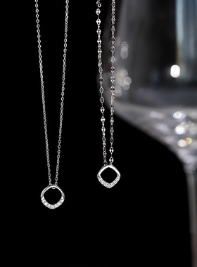 s925纯银项链女款小众轻奢几何闪钻方形锁骨链