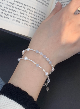 清新蓝色天然海蓝宝石手链925纯银碎银子手串送礼物闺蜜简约百搭