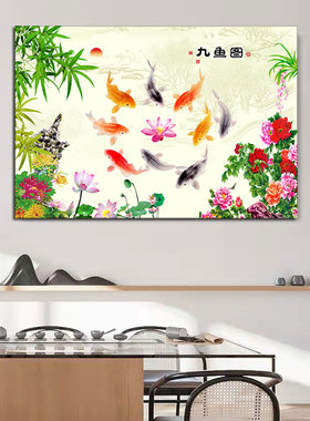 九鱼图风水招财装饰画荷花鱼壁画自粘客厅挂画年年有余沙发墙贴画