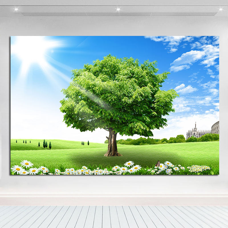 一颗大树贴画绿色树木森林阳光大自然壁画树木风景画风水护眼挂画