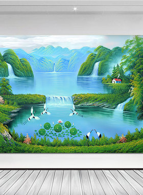 八方聚财风水画青山绿水客厅卧室自粘画流水生财电视背景墙装饰画