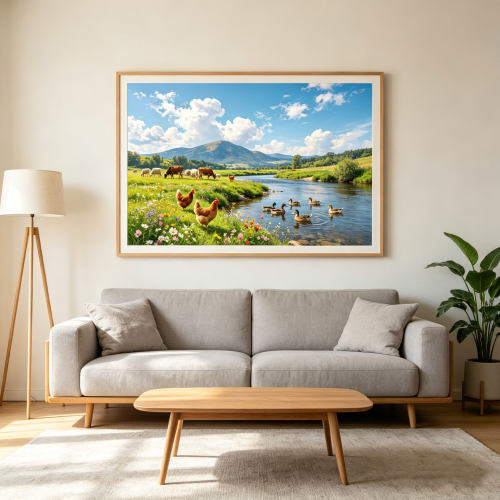 餐厅装饰画田园风简约客厅挂画牧场河流风景壁画卧室床头无框画