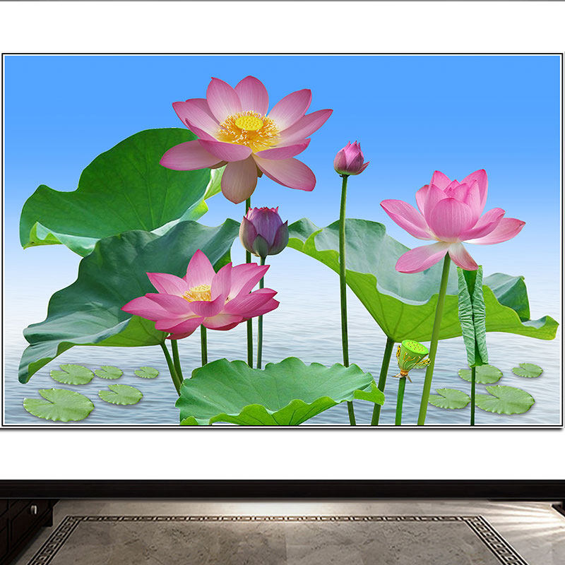 莲花荷花佛经壁画书房茶室荷叶挂画饭厅餐桌背景画中国风花鸟海报
