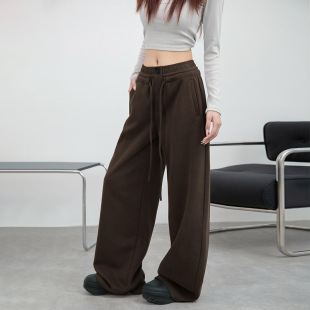 阔腿 设计感高腰直筒系带窄版 棕色休闲运动裤 女秋冬2025年新款