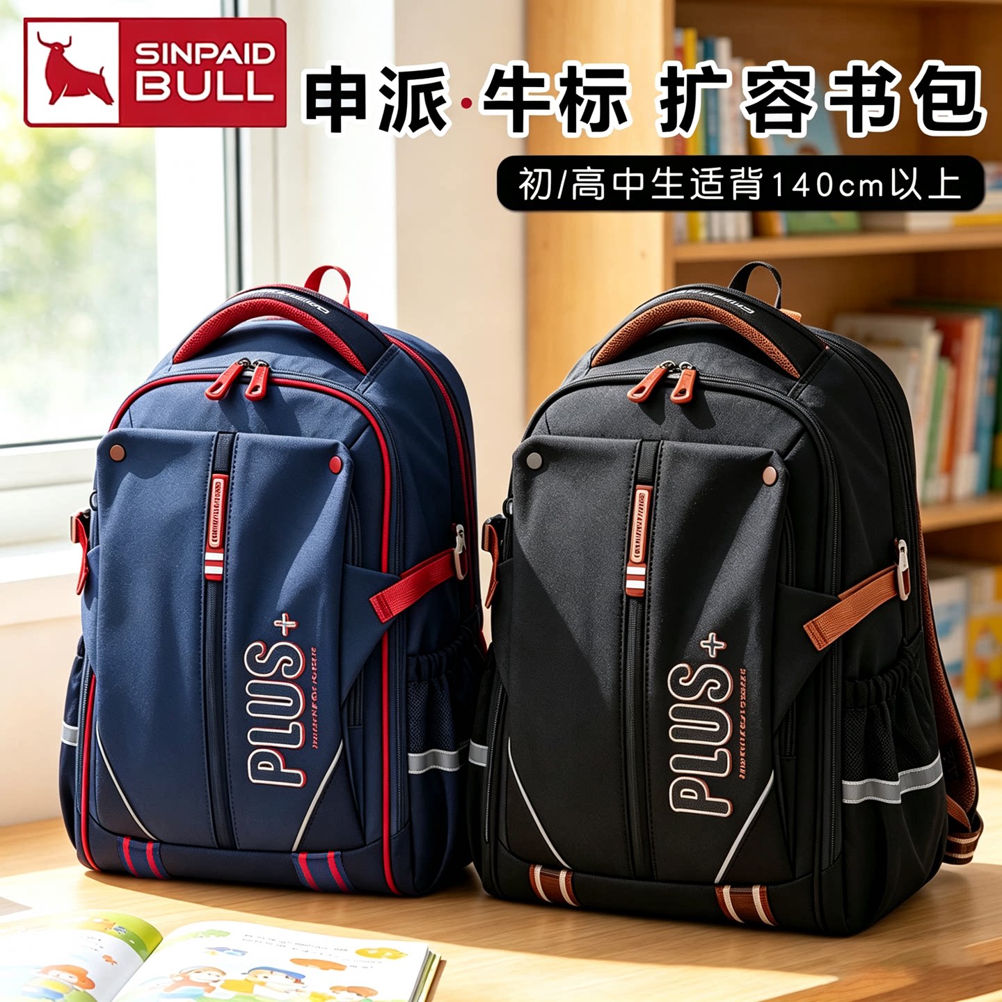 【初高中学生书包】申派牛标扩容书包护脊减负大容量防泼水超轻便