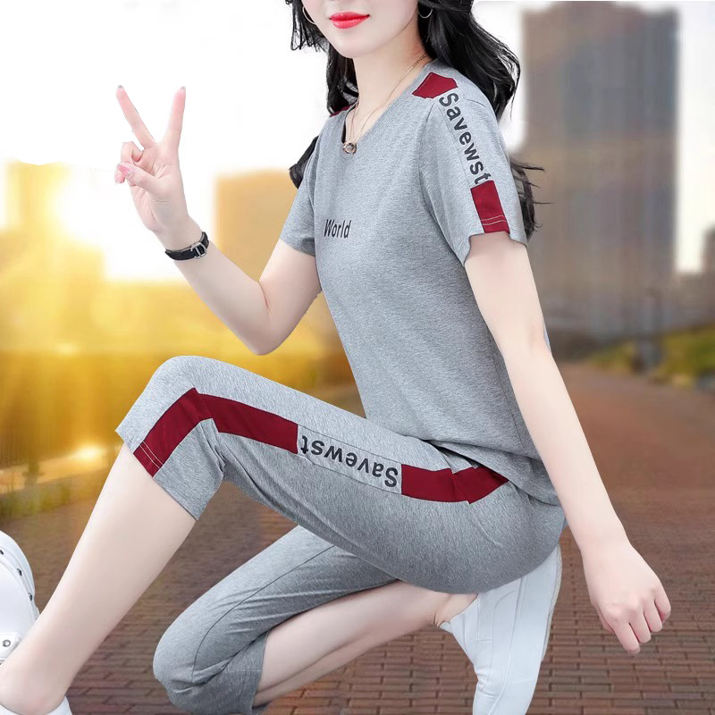 纯棉休闲运动套装女夏装七分裤2025新款薄款时尚小个子短袖两件套