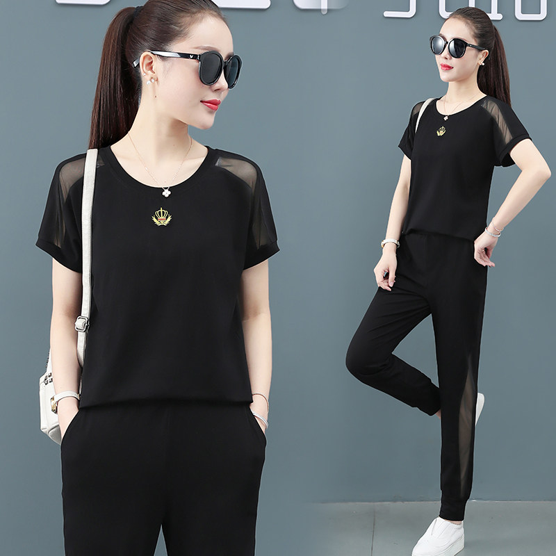 运动套装女夏季2024新款纯棉短袖时尚休闲服大码夏天跑步服两件套