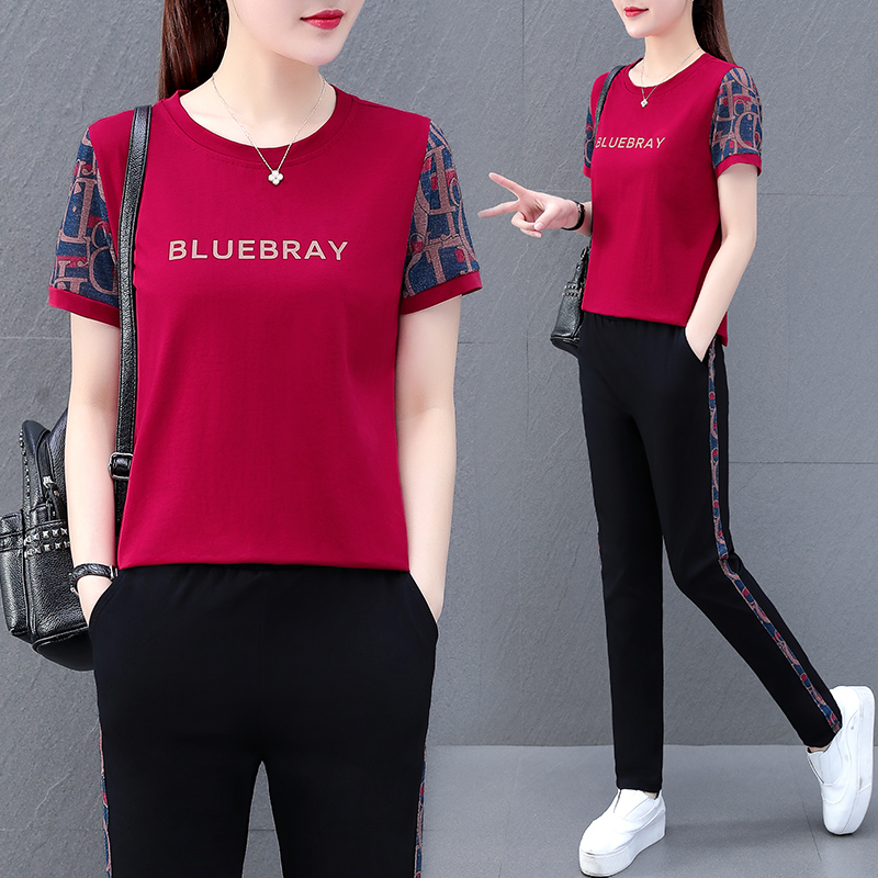 运动套装女夏季纯棉2025年新款休闲服大码短袖时尚跑步夏天两件套