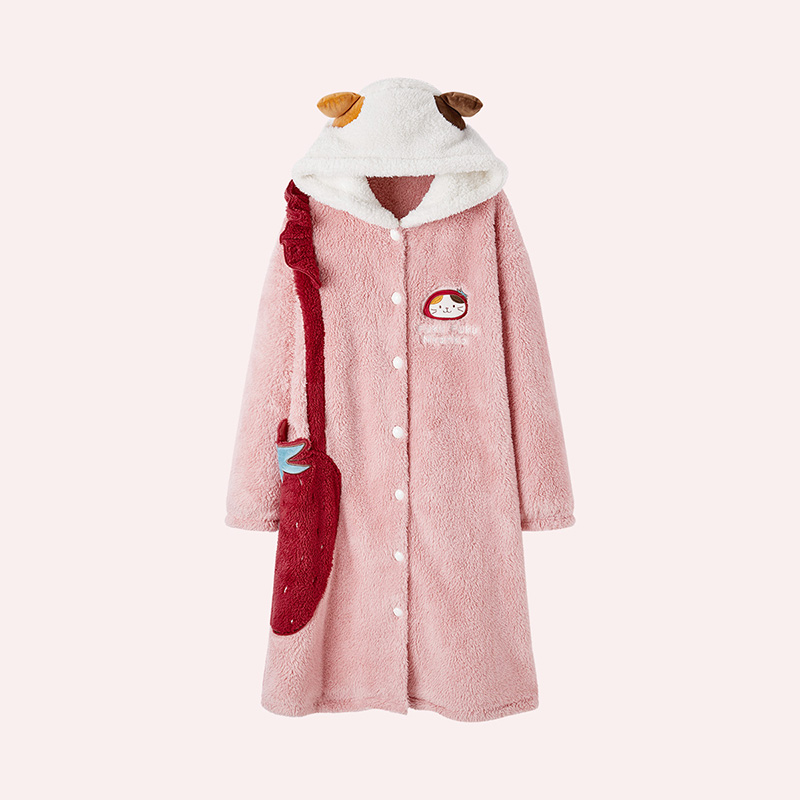 联名乐町*HAPiNS猫睡袍少女冬季加厚可爱绒可外穿秋季家居服睡衣