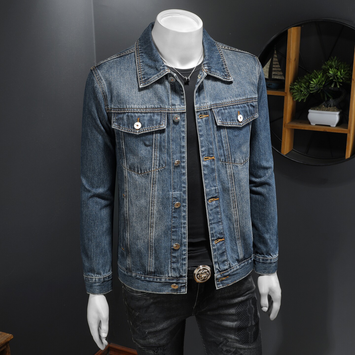 春新款蓝色复古水洗高品质牛仔外套男翻领夹克上衣D218-1300-P145,男装工装外套,电商D218