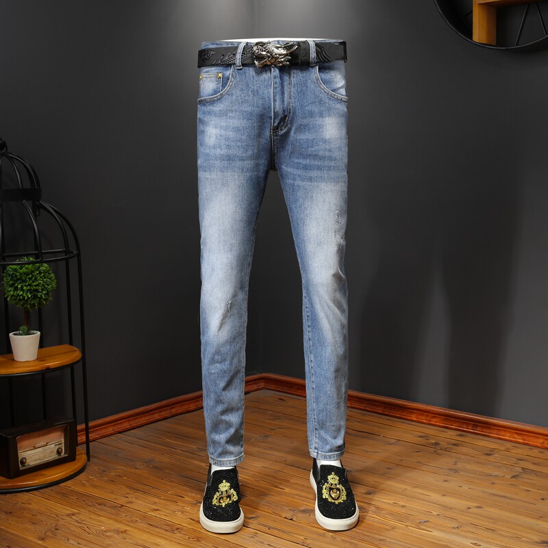 2021夏季新款潮牌弹力烫印牛仔裤男微跨小脚裤QT5031-88166-P95图片