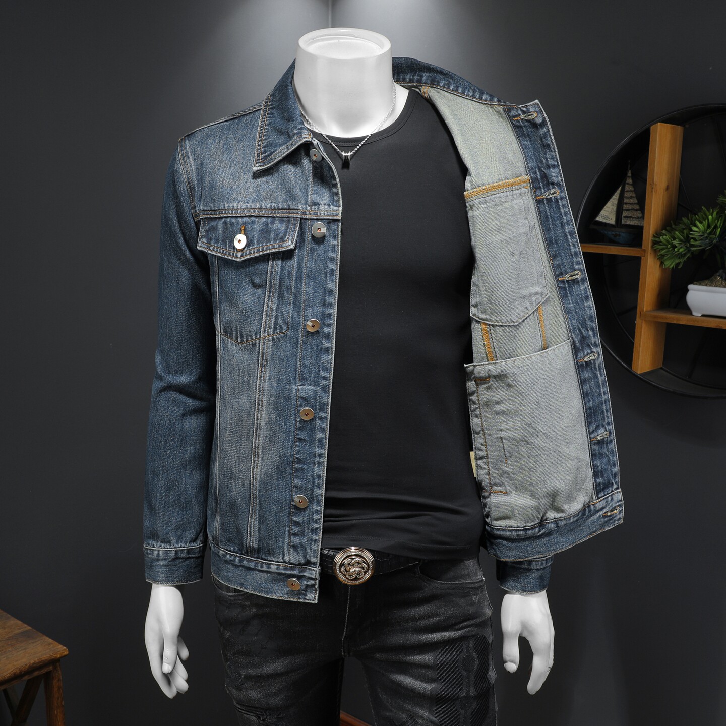 春新款蓝色复古水洗高品质牛仔外套男翻领夹克上衣D218-1300-P145,男装工装外套,电商D218