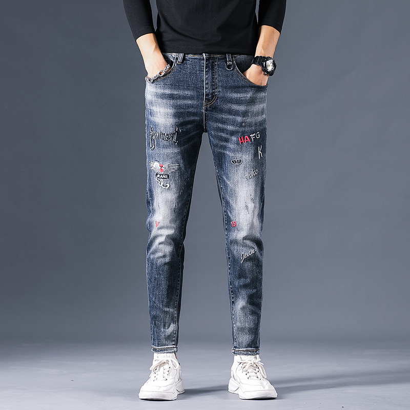 2021春夏潮牌刺绣弹力牛仔裤男微跨小脚裤QT5031-89283-P95图片