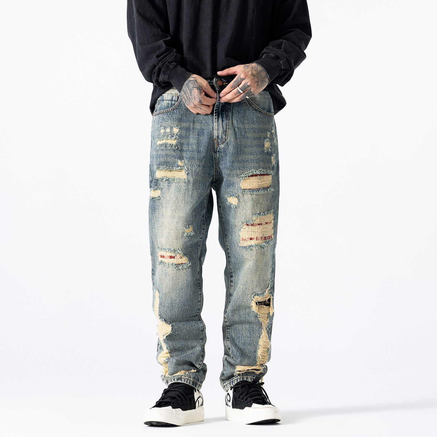 秋冬新款水洗潮牌欧货破洞牛仔裤男宽松哈伦裤D218-C9023-P130，男装牛仔裤，电商D218