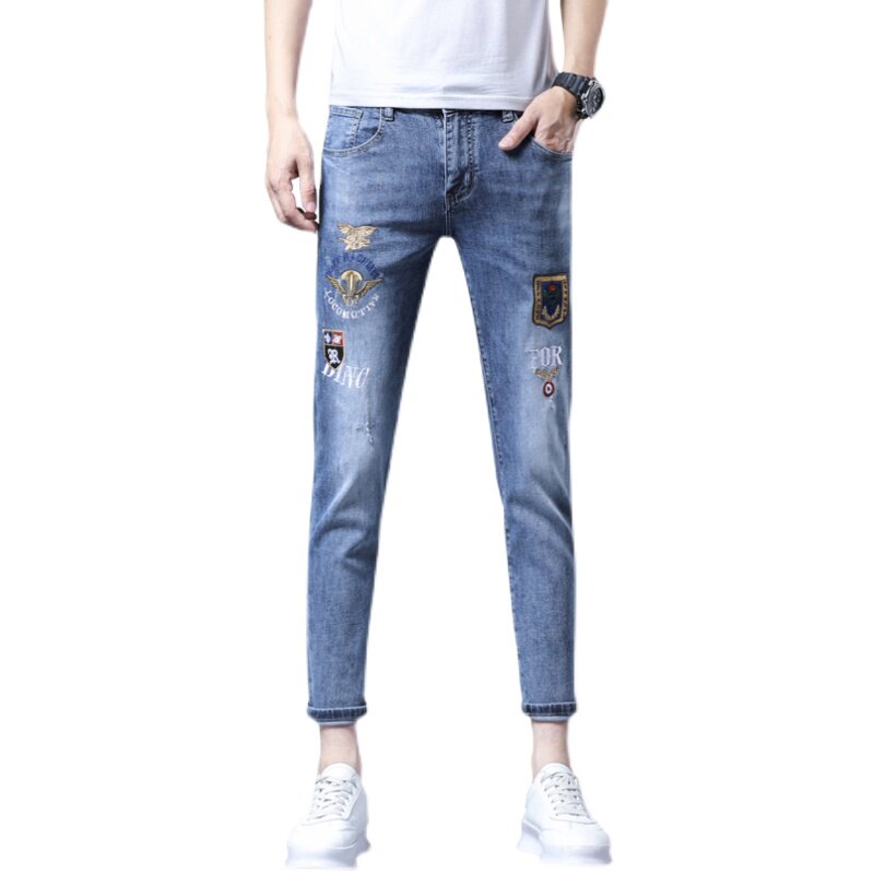 2021夏季新款潮牌刺绣牛仔裤男微跨小脚九分裤QT5031-95605,男装牛仔裤,电商D218