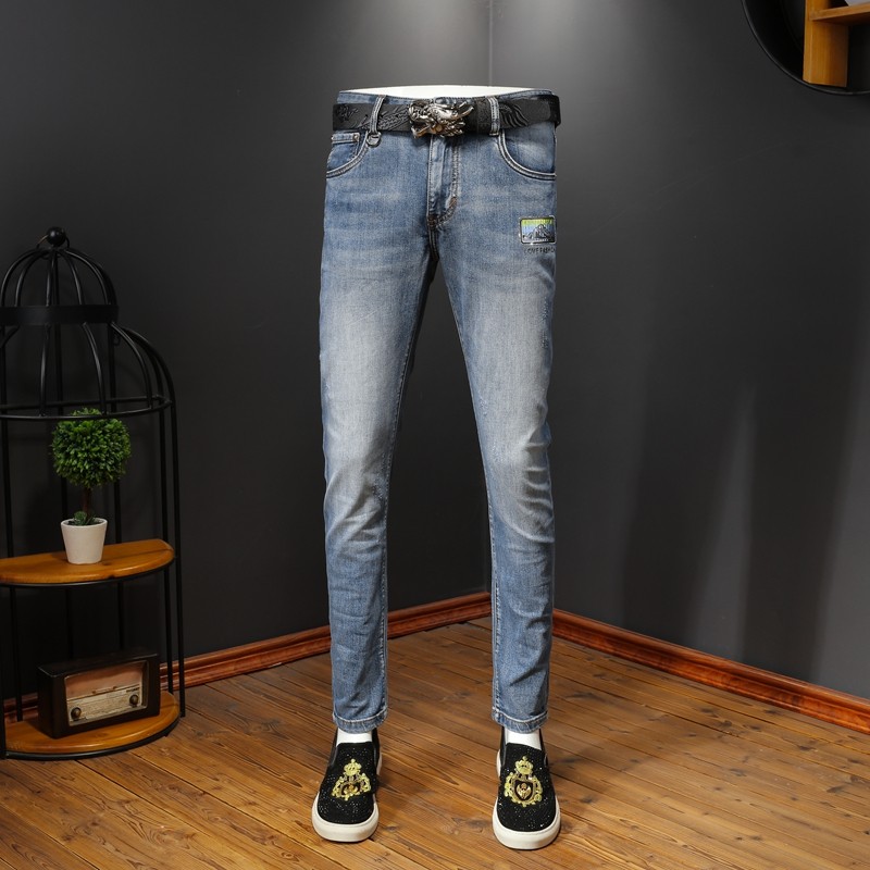 2021新款水洗潮牌烫印弹力牛仔裤男微跨小脚裤QT5031-88167-P95图片