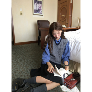 通勤套装 格子衬衫 高智感韩系复古miu系针织V领马甲短款 WHYSTUDIO