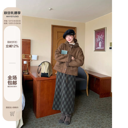 WHYSTUDIO 复古格纹毛呢直筒裙女秋冬新款超好看高级感半身长裙子