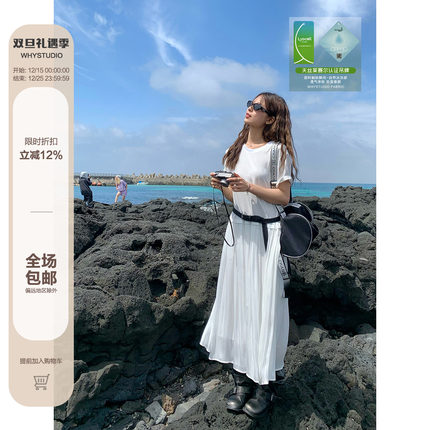 WHYSTUDIO 极简风小众解构设计短袖T恤拼接流光缎飘逸长裙连衣裙