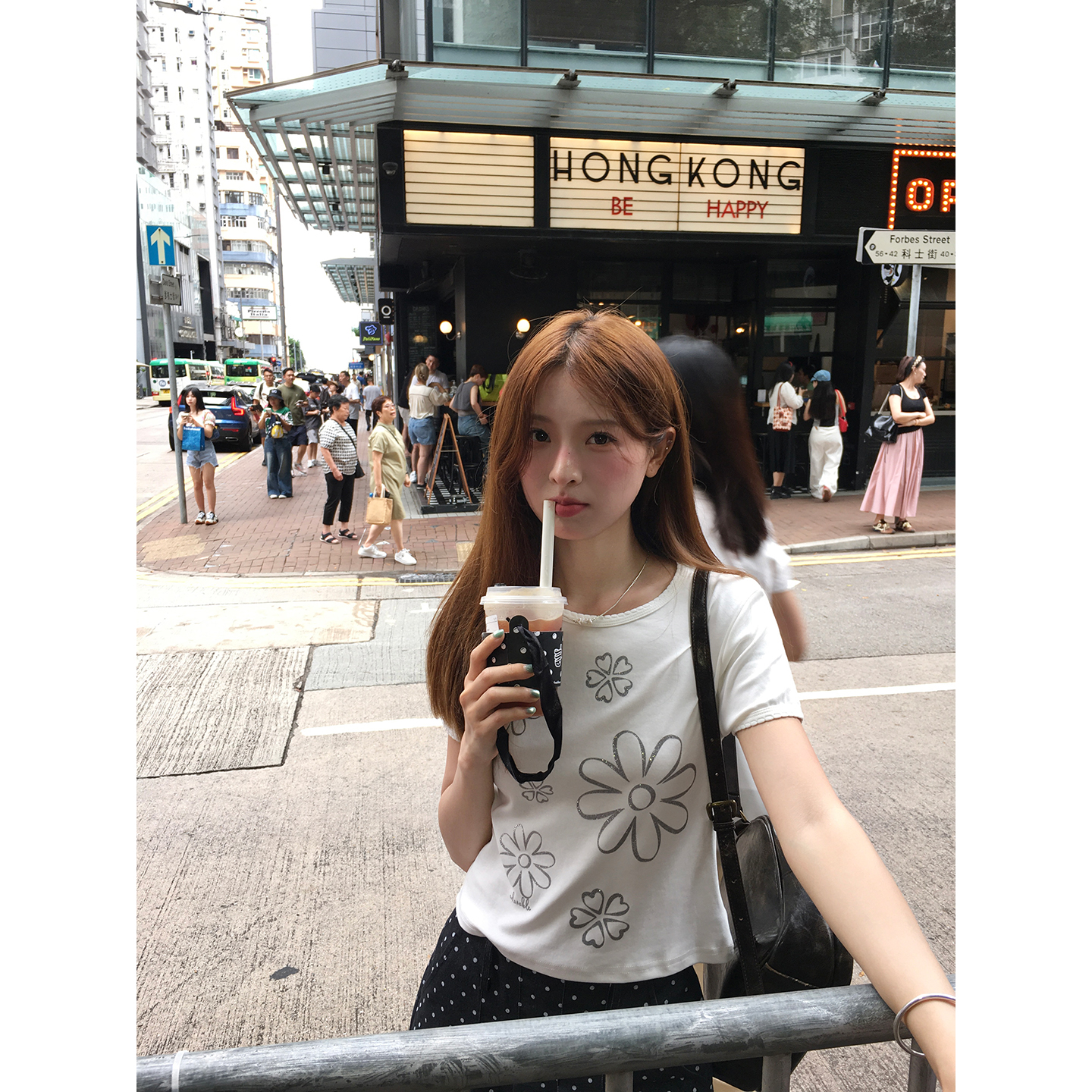 WHYSTUDIO 花边袖口领口设计烫银印花百搭正肩短款短袖内搭T恤