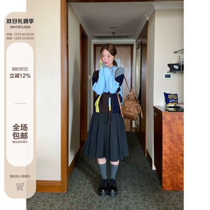 WHYSTUDIO 复古韩系撞色围脖毛衣女秋冬新款宽松拼接圆领针织衫