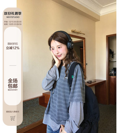 WHYSTUDIO 设计款韩系慵懒条纹拼接假两件长袖百搭宽松休闲T恤女