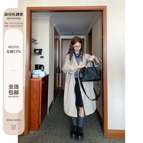 WHYSTUDIO 韩系设计感英伦风经典气质立领宽松长款腰带风衣外套