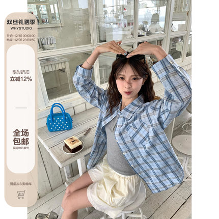WHYSTUDIO 韩系复古爱心口袋纽扣蓝格子防晒长袖衬衫宽松百搭轻薄