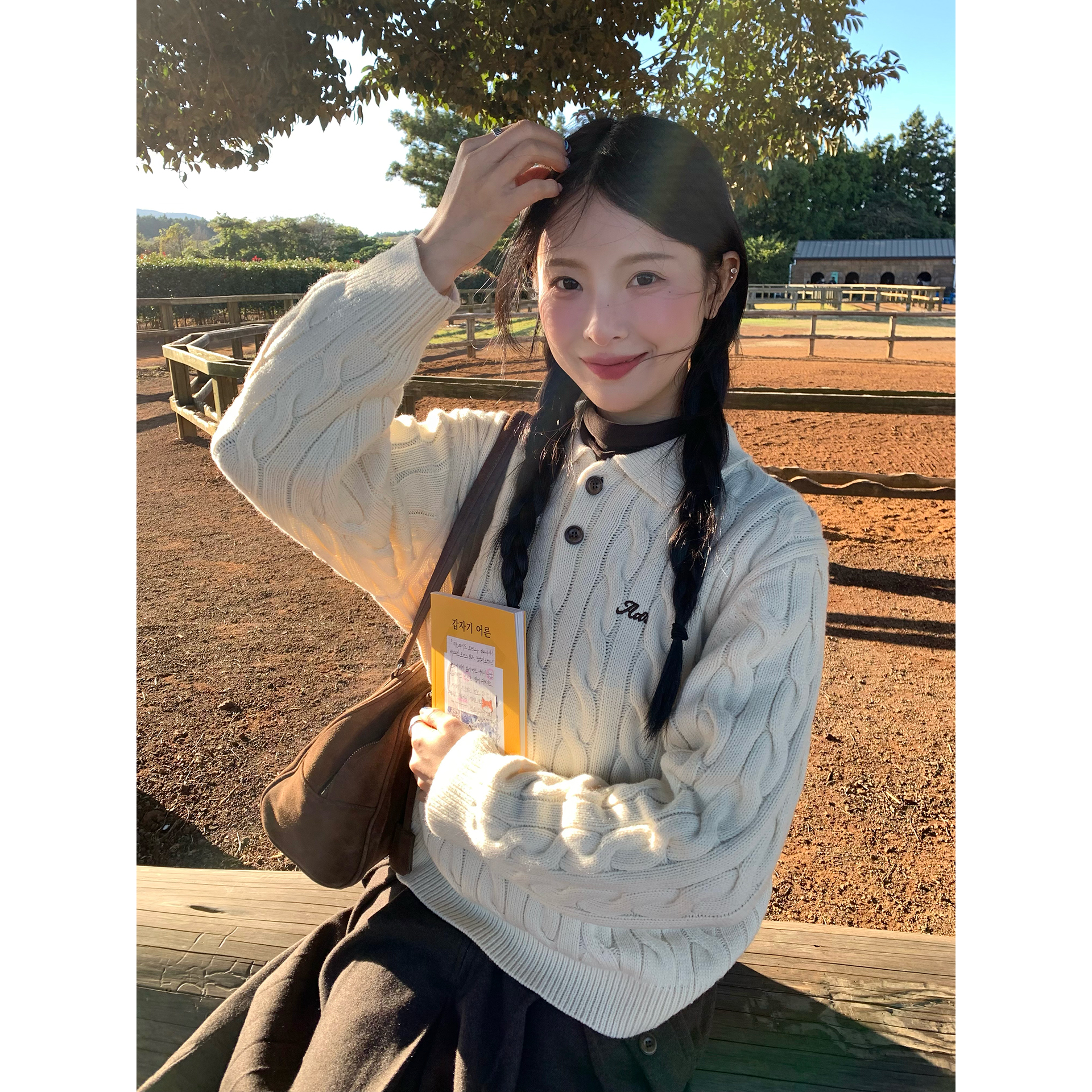 WHYSTUDIO 进阶女高韩系学院风翻领麻花加厚保暖毛衣