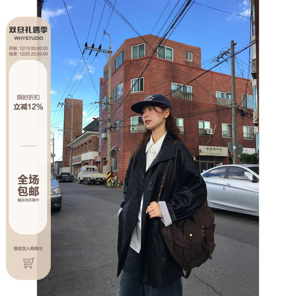 WHYSTUDIO 美式复古翻领风衣皮衣女秋季新款宽松慵懒经典黑色外套