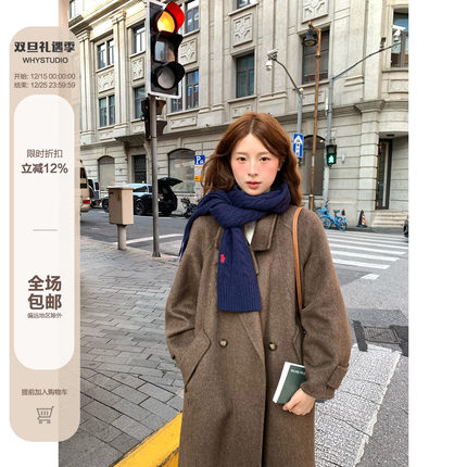 WHYSTUDIO 冬日来信奢贵感经典时髦重磅山羊绒双面呢长款翻领大衣