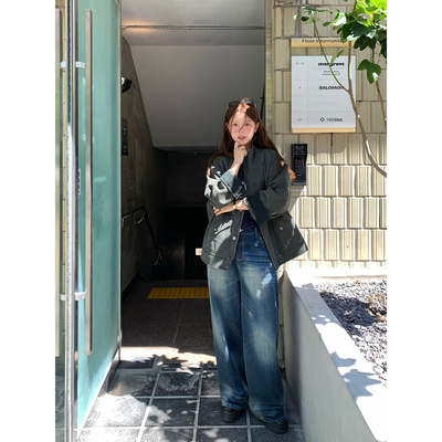 WHYSTUDIO 小众设计私服时髦显瘦百搭斑驳扎花擦色牛仔长裤休闲裤