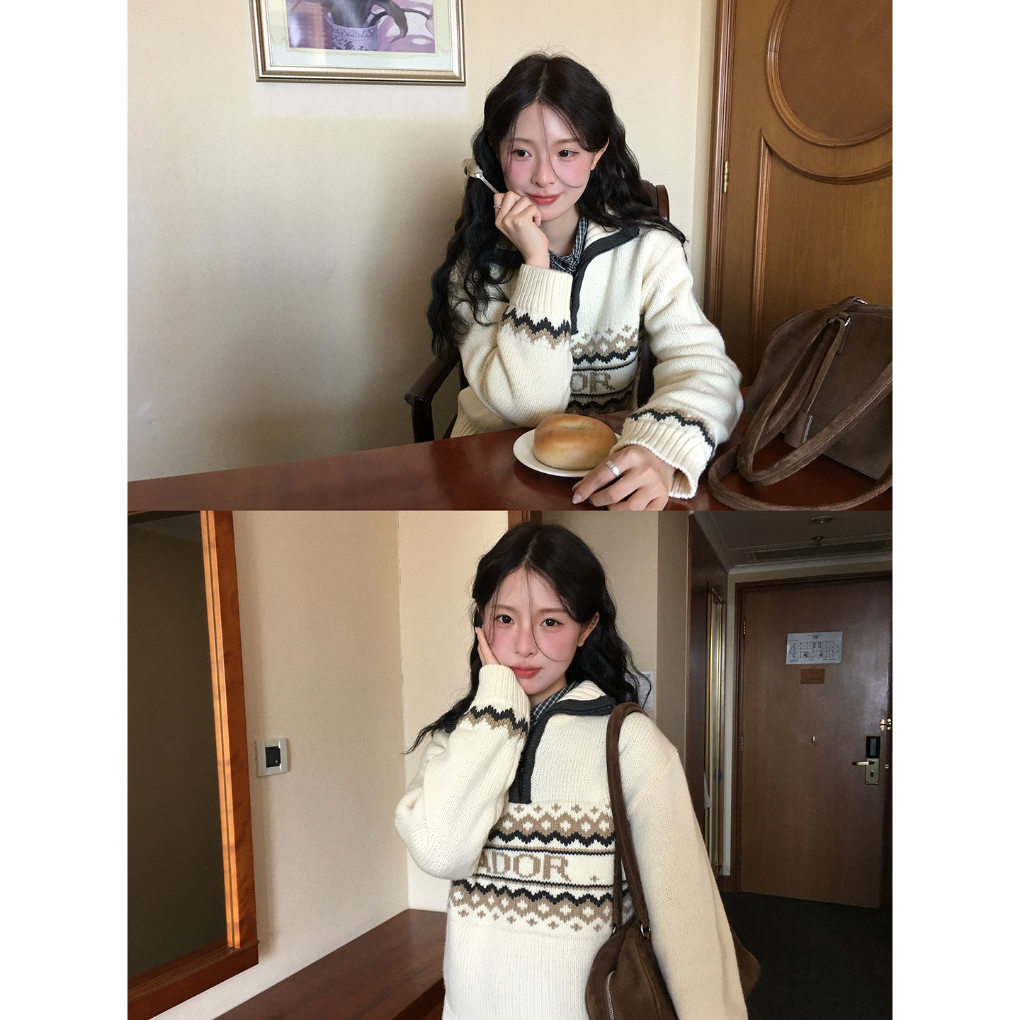 WHYSTUDIO 冬日北欧费尔岛拉链翻领毛衣