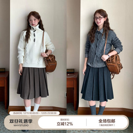 WHYSTUDIO 知识分子miu系高智感品质百褶过膝中长裙学院百搭通勤