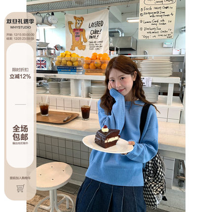 WHYSTUDIO 复古韩系慵懒设计感镂空圆领羊毛套头毛衣秋冬新款上衣