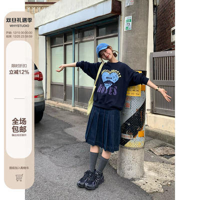 WHYSTUDIO 韩系复古字母爱心撞色印花百搭加绒加厚圆领套头卫衣秋