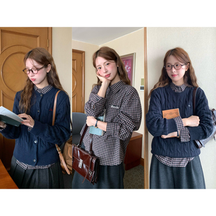 女秋冬高智感格纹麻花通勤两件套 套装 WHYSTUDIO 韩系复古毛衣衬衫