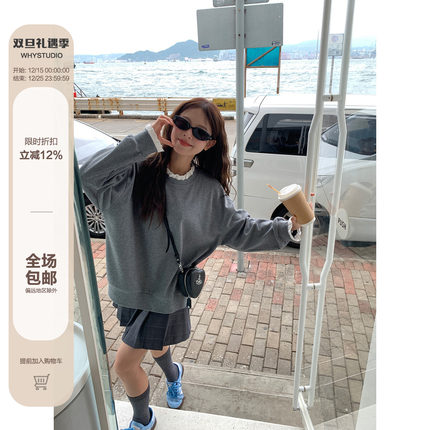 WHYSTUDIO_圆领蕾丝拼接套头灰色卫衣女秋宽松直筒设计感长袖上衣