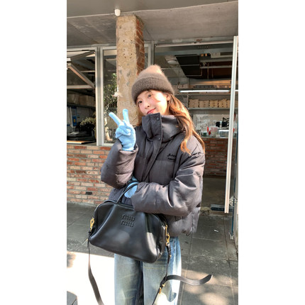 WHYSTUDIO 立领高智感保暖拼接毛衣女冬季90白鸭绒加厚格纹羽绒服