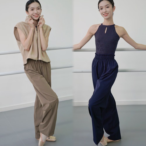静音热身裤芭蕾舞蹈练功裤女热身活动静音花边长裤阔腿裤带抽绳