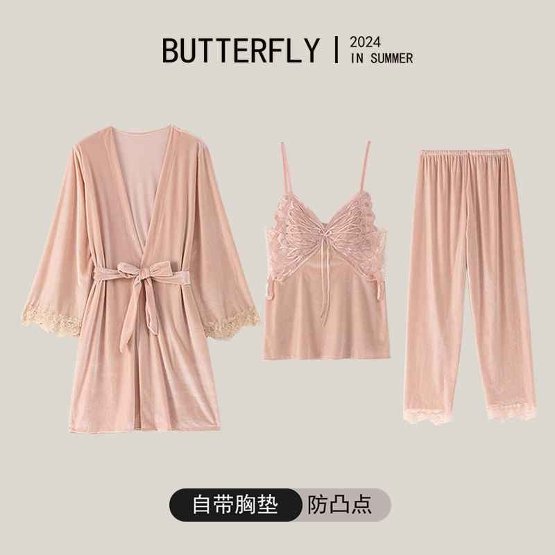 金丝绒睡衣女秋冬款蕾丝长袖睡袍性感带胸垫吊带长裤蝴蝶三件套装